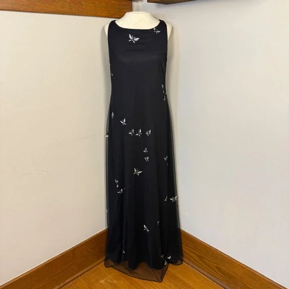 VTG 90s Virgo II Black Butterfly Sheer Sz 10 Maxi Dress Formal Fairy Whimsigoth - Picture 1 of 8